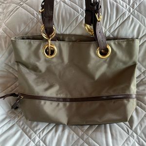Green Braciano Nylon Shoulder Bag Gold Hardware Faux Leather Straps
